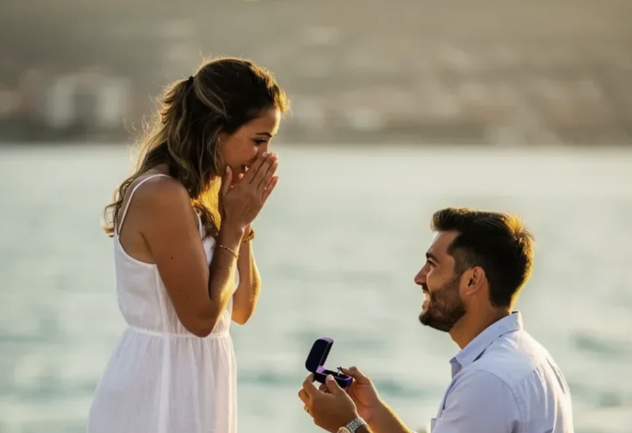 Pedida de matrimonio al atardecer en el mar
